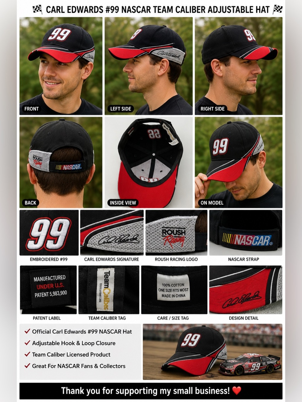 Carl Edwards #99 NASCAR Team Caliber Adjustable Hat Cap Black Roush Racing